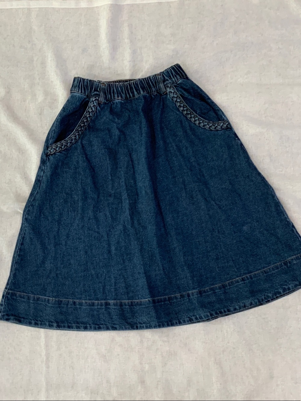 Tracy Evans Dark Blue Denim A-Line Skirt with Braided Pocket Trim